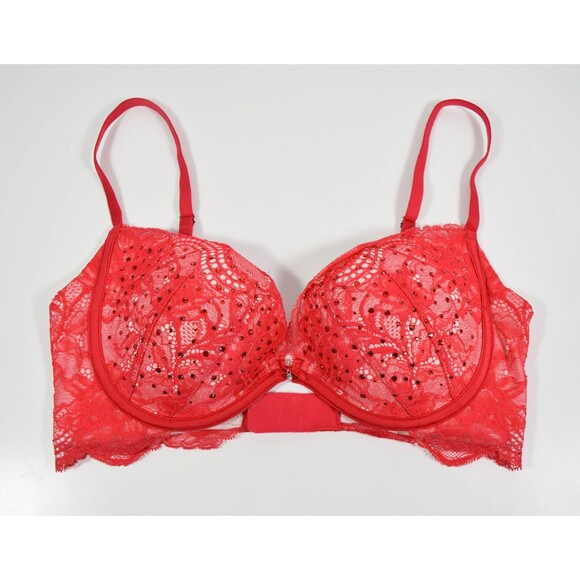 Victoria's Secret Other - Victoria Secret Padded Plunge Red Lace Rhinestone Underwire Bra Sz 34C